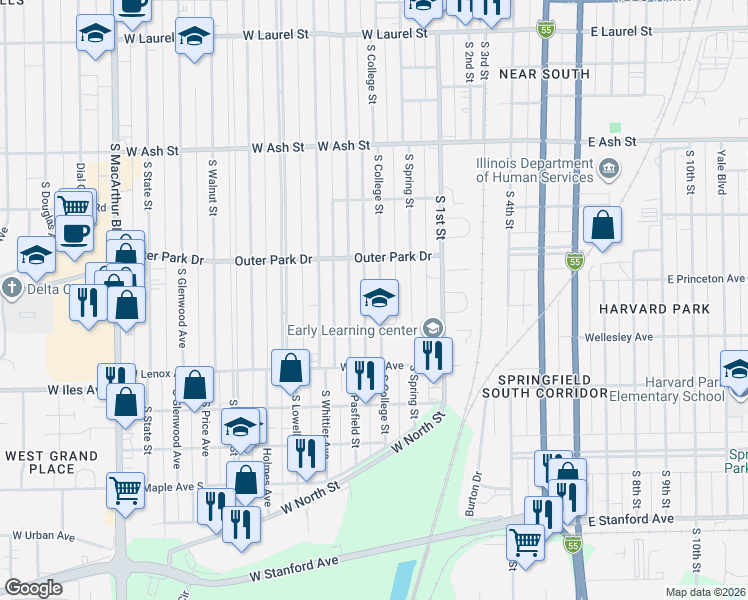 map of restaurants, bars, coffee shops, grocery stores, and more near 2400 South College Street in Springfield