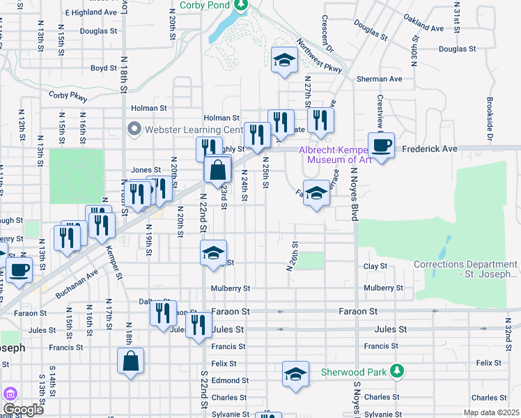 map of restaurants, bars, coffee shops, grocery stores, and more near 731 North 25th Street in Saint Joseph
