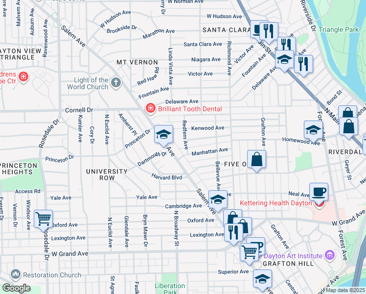 map of restaurants, bars, coffee shops, grocery stores, and more near 1019 Redfern Avenue in Dayton