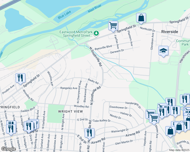 map of restaurants, bars, coffee shops, grocery stores, and more near 423 Briarwood Avenue in Dayton