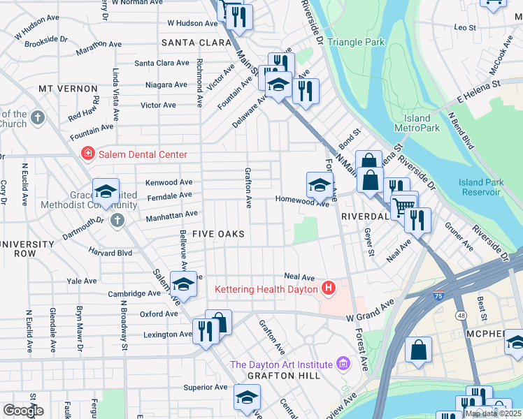 map of restaurants, bars, coffee shops, grocery stores, and more near 321 Rockwood Avenue in Dayton