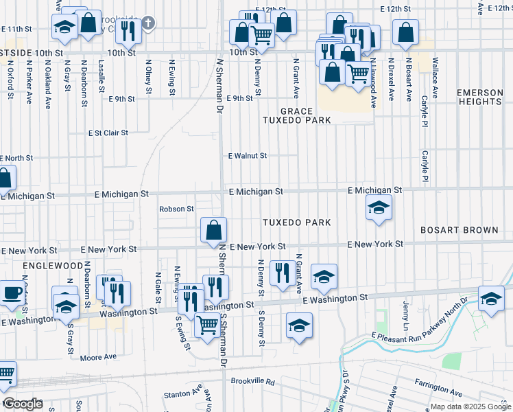 map of restaurants, bars, coffee shops, grocery stores, and more near 422 North Denny Street in Indianapolis