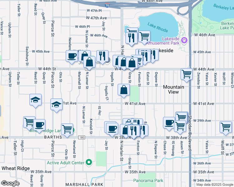 map of restaurants, bars, coffee shops, grocery stores, and more near 4175 North Harlan Street in Wheat Ridge