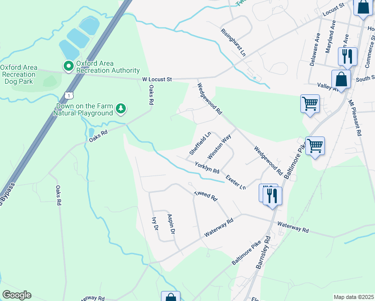 map of restaurants, bars, coffee shops, grocery stores, and more near 218 Sheffield Lane in Oxford