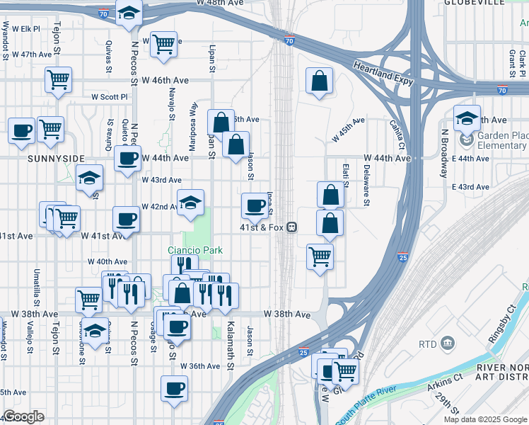 map of restaurants, bars, coffee shops, grocery stores, and more near 4191 Inca Street in Denver