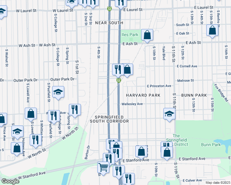 map of restaurants, bars, coffee shops, grocery stores, and more near 2323 South 6th Street in Springfield
