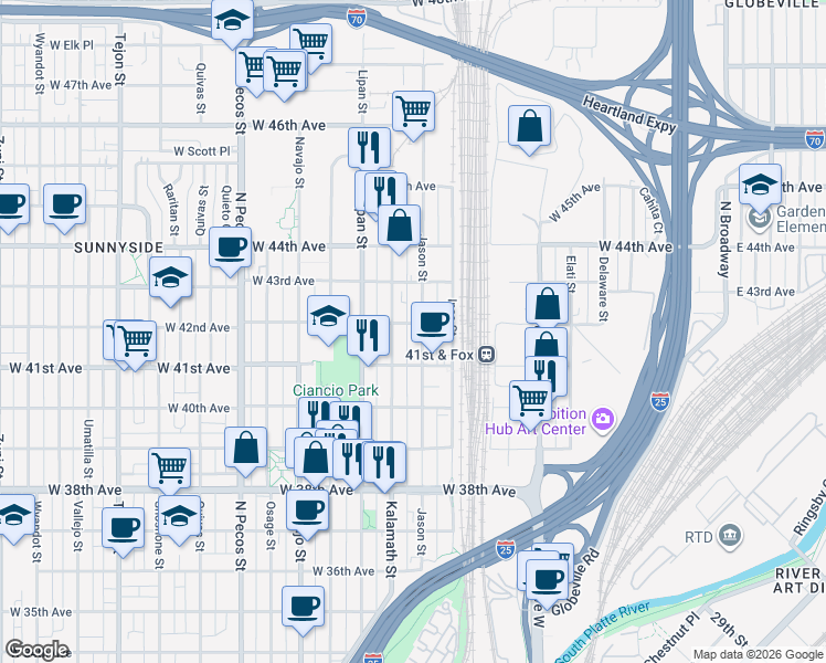 map of restaurants, bars, coffee shops, grocery stores, and more near 4155 Jason Street in Denver