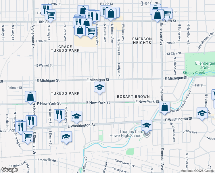 map of restaurants, bars, coffee shops, grocery stores, and more near 423 North Drexel Avenue in Indianapolis