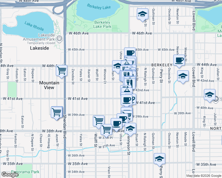 map of restaurants, bars, coffee shops, grocery stores, and more near 4159 Vrain Street in Denver