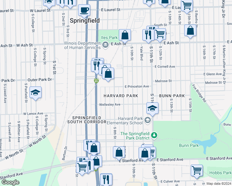 map of restaurants, bars, coffee shops, grocery stores, and more near 2322 South 8th Street in Springfield
