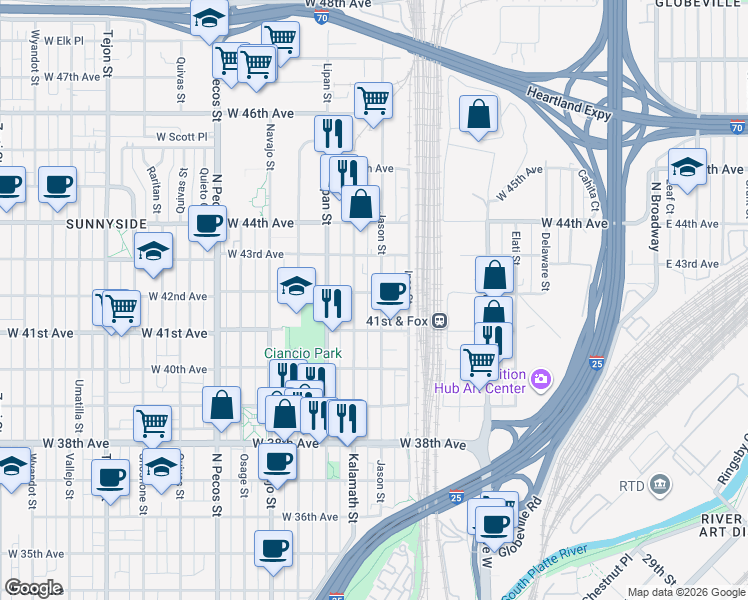 map of restaurants, bars, coffee shops, grocery stores, and more near 4155 Jason Street in Denver