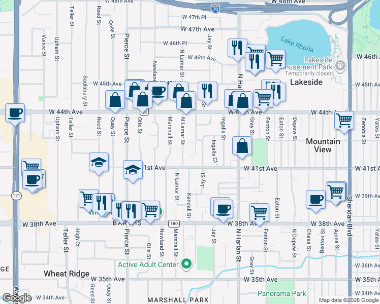 map of restaurants, bars, coffee shops, grocery stores, and more near 4155 North Lamar Street in Wheat Ridge