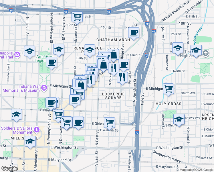 map of restaurants, bars, coffee shops, grocery stores, and more near 516 East Michigan Street in Indianapolis