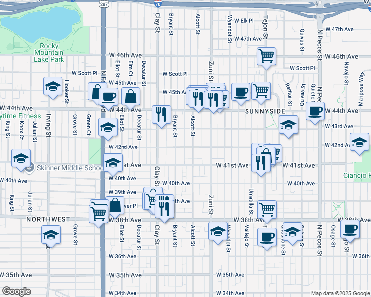 map of restaurants, bars, coffee shops, grocery stores, and more near 2540 West 42nd Avenue in Denver