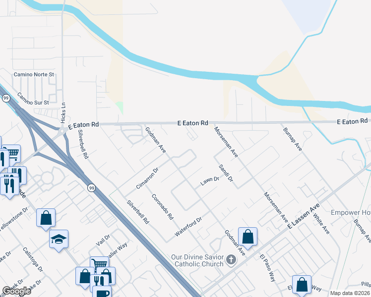 map of restaurants, bars, coffee shops, grocery stores, and more near 43 Redeemers Loop in Chico