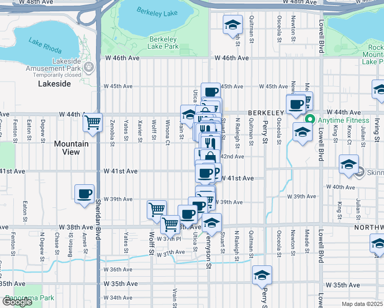map of restaurants, bars, coffee shops, grocery stores, and more near 4161 Utica Street in Denver