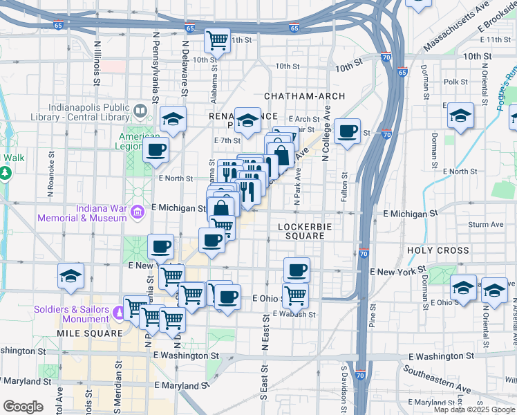 map of restaurants, bars, coffee shops, grocery stores, and more near 420 East Michigan Street in Indianapolis