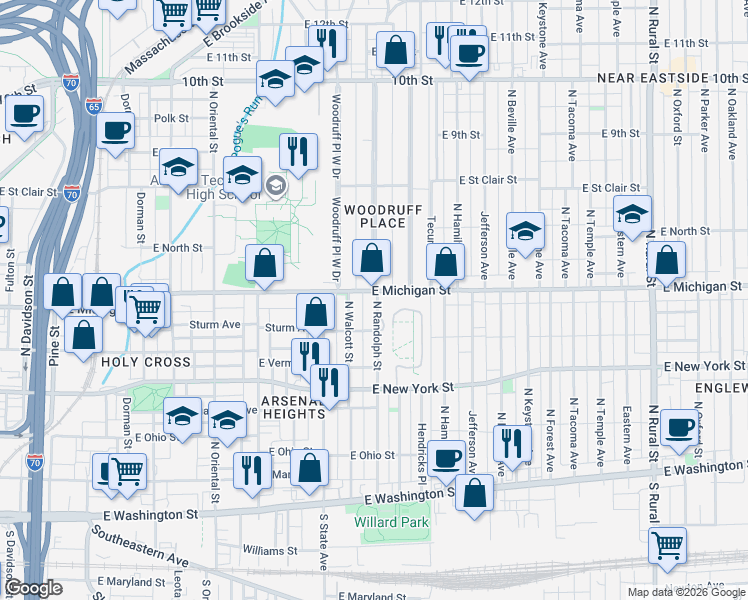 map of restaurants, bars, coffee shops, grocery stores, and more near 476 North Randolph Street in Indianapolis