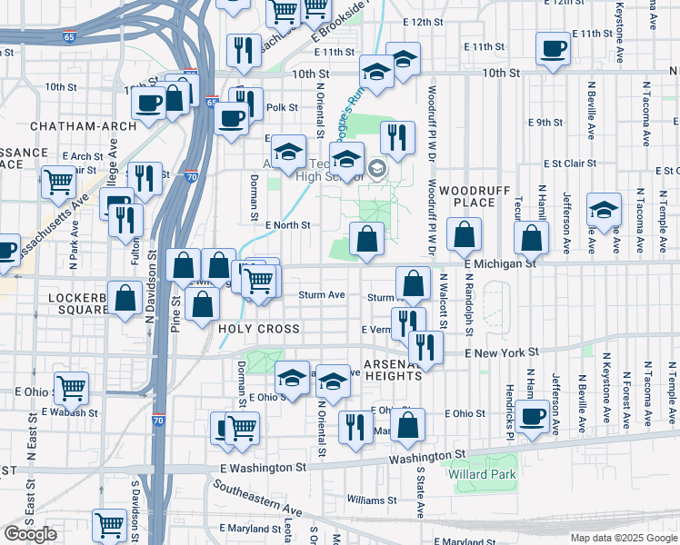 map of restaurants, bars, coffee shops, grocery stores, and more near 1421 East Michigan Street in Indianapolis