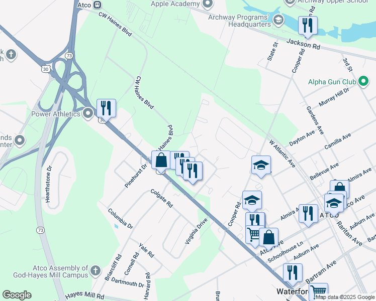 map of restaurants, bars, coffee shops, grocery stores, and more near 2297 Memorial Court in Atco