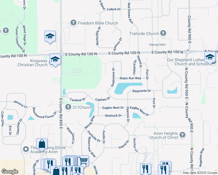map of restaurants, bars, coffee shops, grocery stores, and more near 744 Seabreeze Drive in Avon