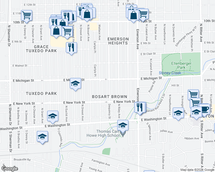 map of restaurants, bars, coffee shops, grocery stores, and more near 420 Dequincy Street in Indianapolis