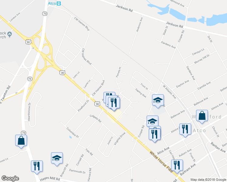 map of restaurants, bars, coffee shops, grocery stores, and more near 2297 Memorial Court in Atco