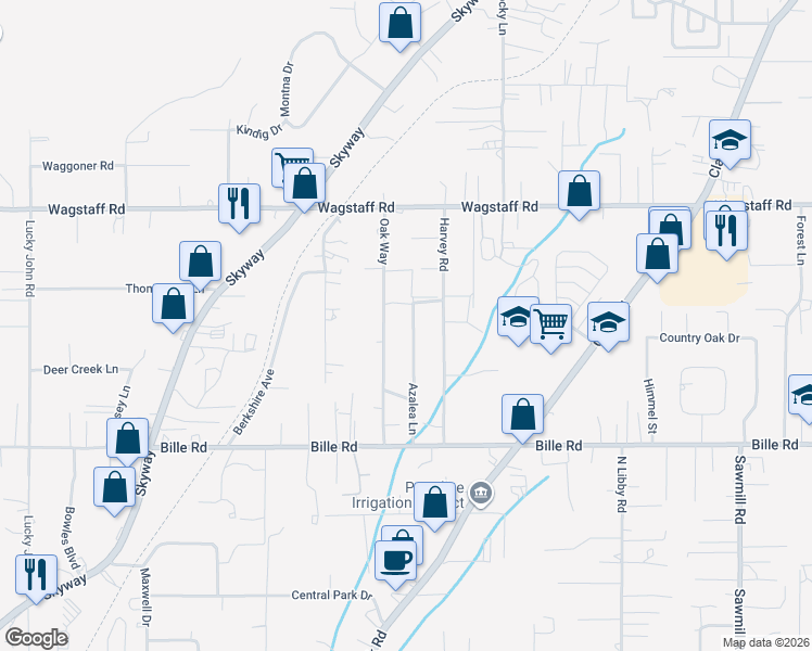 map of restaurants, bars, coffee shops, grocery stores, and more near 6301 Azalea Lane in Paradise