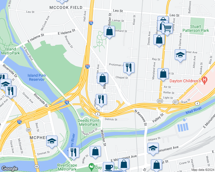 map of restaurants, bars, coffee shops, grocery stores, and more near 610 Earl Avenue in Dayton