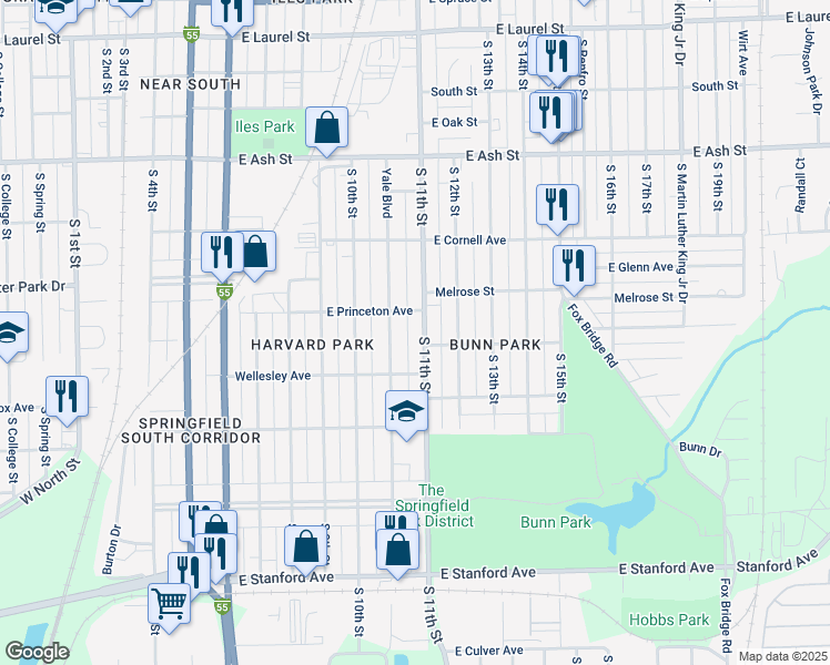 map of restaurants, bars, coffee shops, grocery stores, and more near 2321 South 11th Street in Springfield