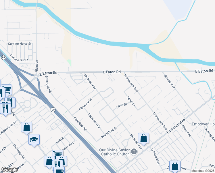 map of restaurants, bars, coffee shops, grocery stores, and more near 43 Redeemers Loop in Chico