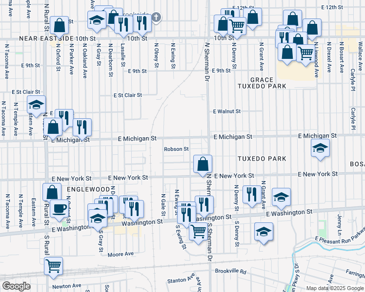 map of restaurants, bars, coffee shops, grocery stores, and more near 3618 Robson St in Indianapolis