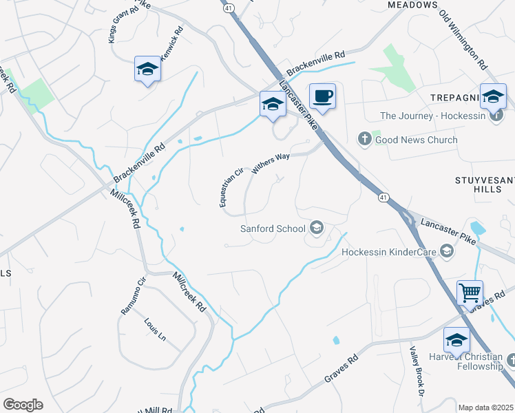 map of restaurants, bars, coffee shops, grocery stores, and more near 4 Foxview Circle in Hockessin