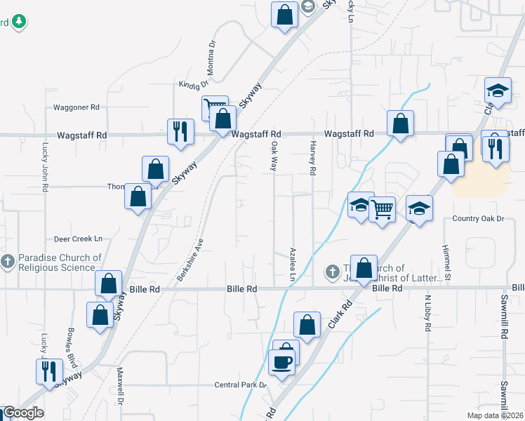 map of restaurants, bars, coffee shops, grocery stores, and more near 6305 Oak Way in Paradise