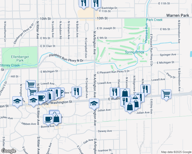 map of restaurants, bars, coffee shops, grocery stores, and more near 325 North Arlington Avenue in Indianapolis