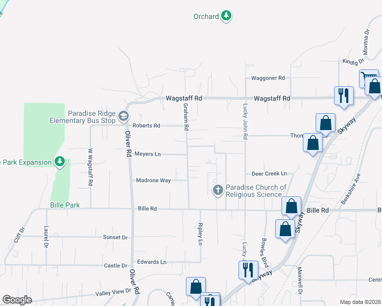map of restaurants, bars, coffee shops, grocery stores, and more near 6306 Graham Road in Paradise