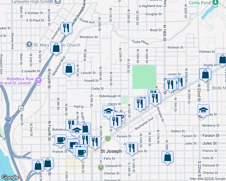 map of restaurants, bars, coffee shops, grocery stores, and more near 1106 Corby Street in Saint Joseph