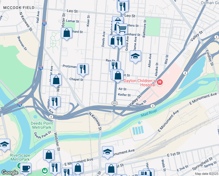 map of restaurants, bars, coffee shops, grocery stores, and more near 324 Maryland Ave in Dayton