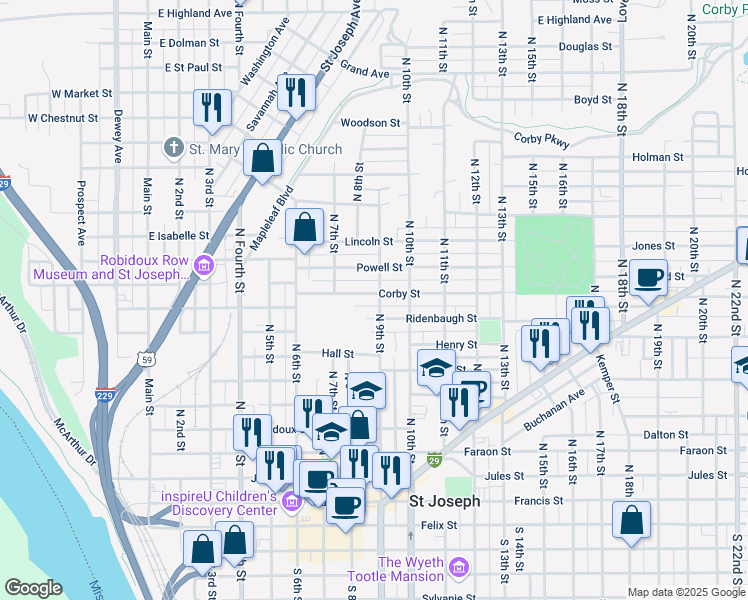 map of restaurants, bars, coffee shops, grocery stores, and more near 920 North 9th Street in Saint Joseph