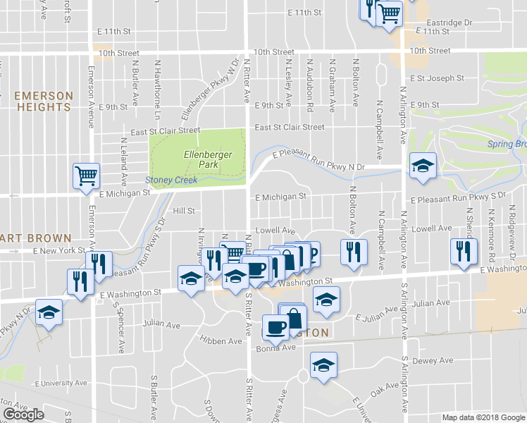 map of restaurants, bars, coffee shops, grocery stores, and more near 328 North Layman Avenue in Indianapolis