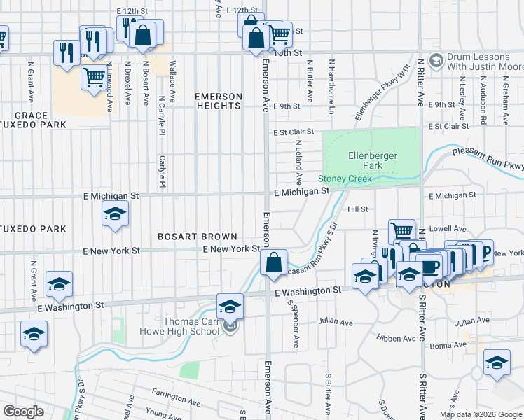 map of restaurants, bars, coffee shops, grocery stores, and more near 420 North Emerson Avenue in Indianapolis
