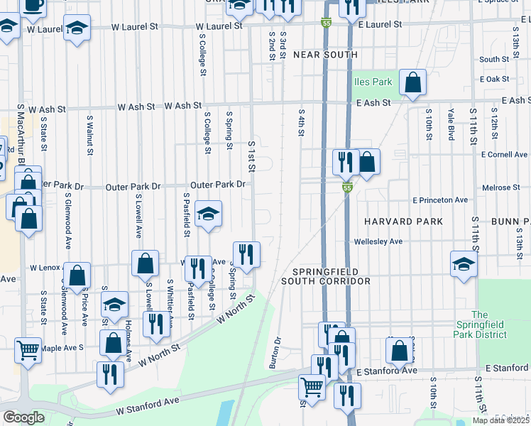 map of restaurants, bars, coffee shops, grocery stores, and more near 22 Bonnie Court in Springfield