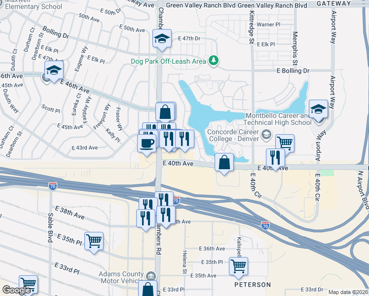 map of restaurants, bars, coffee shops, grocery stores, and more near 15460 Andrews Drive in Denver