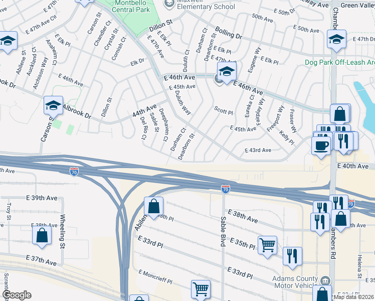 map of restaurants, bars, coffee shops, grocery stores, and more near 4317 Dearborn Street in Denver