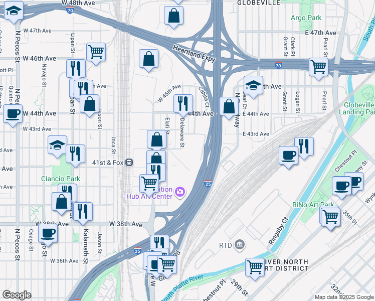 map of restaurants, bars, coffee shops, grocery stores, and more near 4100 Delaware Street in Denver