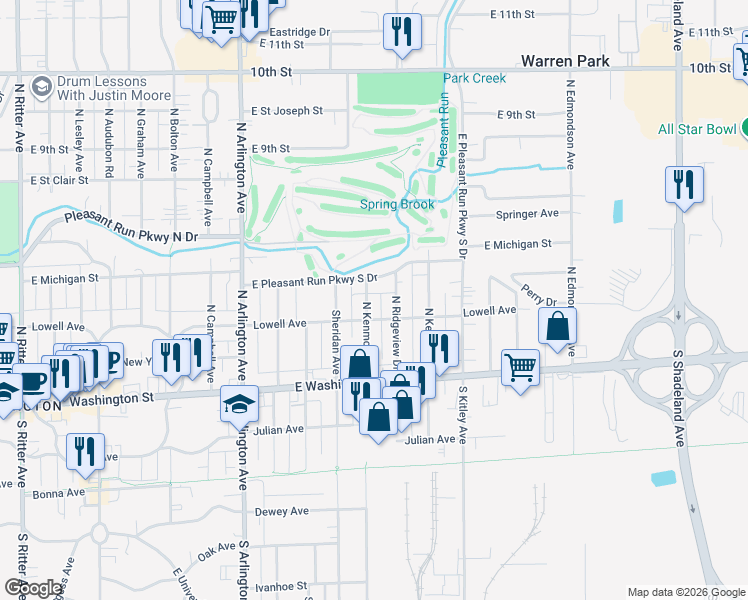 map of restaurants, bars, coffee shops, grocery stores, and more near 320 North Ridgeview Drive in Indianapolis