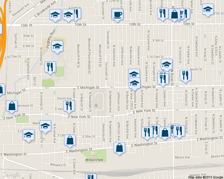 map of restaurants, bars, coffee shops, grocery stores, and more near 440 North Hamilton Avenue in Indianapolis