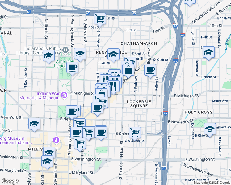 map of restaurants, bars, coffee shops, grocery stores, and more near 420 East Michigan Street in Indianapolis
