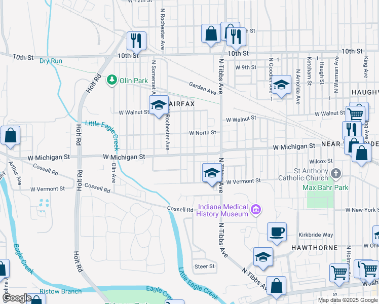 map of restaurants, bars, coffee shops, grocery stores, and more near in Indianapolis