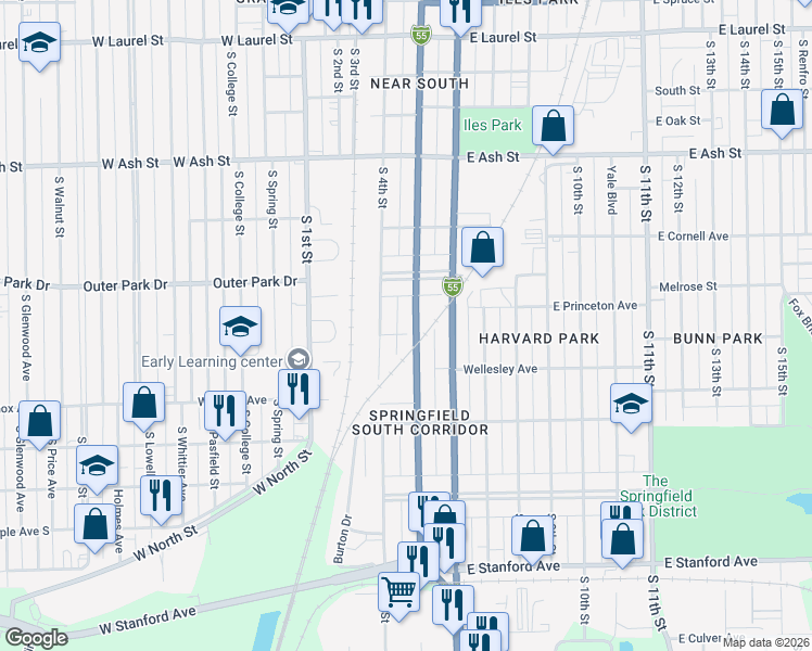 map of restaurants, bars, coffee shops, grocery stores, and more near 2349 South 5th Street in Springfield